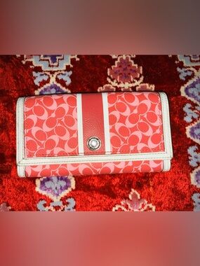 Coach Pink Signature Stripe Wallet with Cream Trim